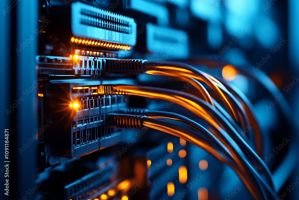 Poster Closeup of illuminated network server cables in data center environment : Generative AI