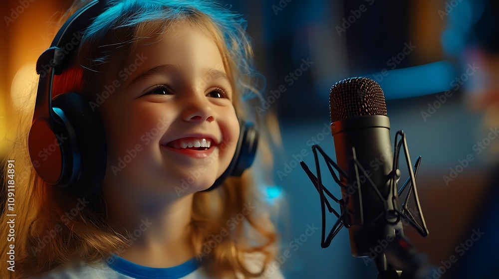 Poster happy child singing in studio with headphones and professional microphone : generative ai