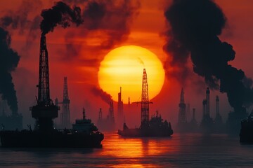 Obraz premium Silhouettes of oil rigs against a fiery sunset. This image evokes themes of industry, energy, and environmental impact.
