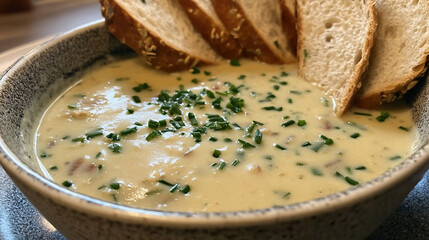 Franz&ouml;sische Knoblauchsuppe, A bowl of creamy soup with fresh chives and slices of sourdough baguette, photographed with an iPhone camera.