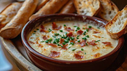 Franz&ouml;sische Knoblauchsuppe, A bowl of creamy soup with fresh chives and slices of sourdough baguette, photographed with an iPhone camera.
