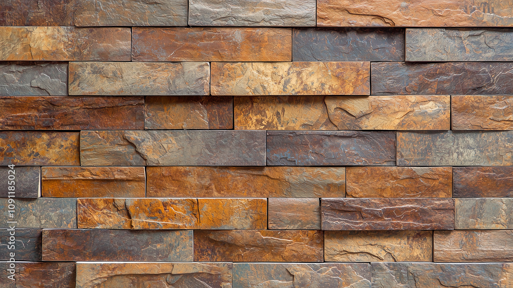 Aufkleber textured brick wall with mix of earthy tones, showcasing rustic and natural appearance. bricks are arranged in horizontal pattern, creating visually appealing surface
