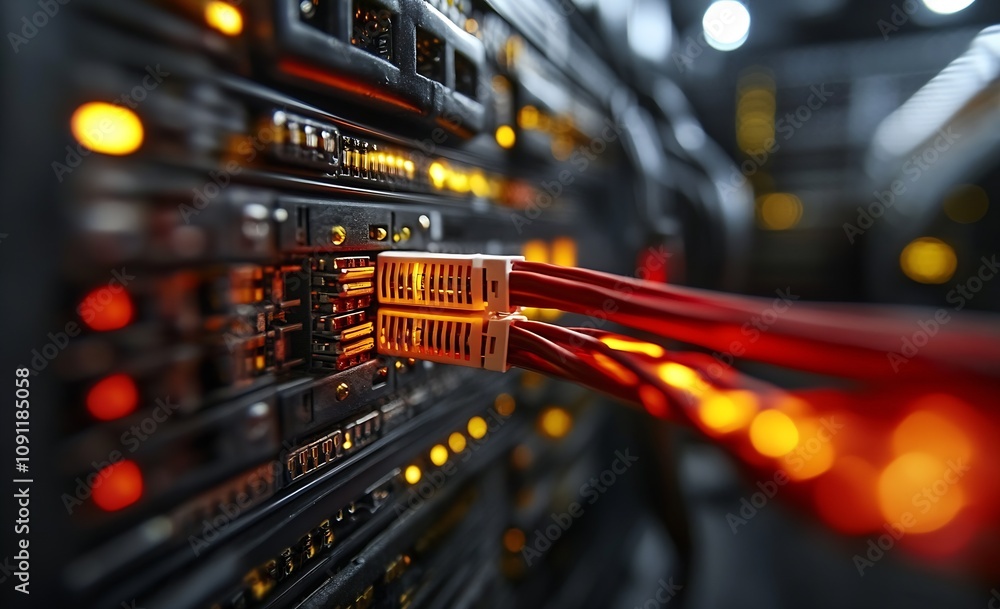 Poster close-up of data center server with glowing fiber optic cables and technology connections : generati
