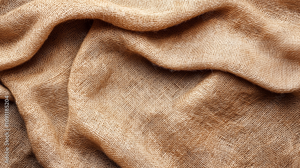 Poster close up view of burlap fabric texture, showcasing its coarse weave and natural brown color. material appears soft and flexible, with gentle folds creating rustic and organic feel