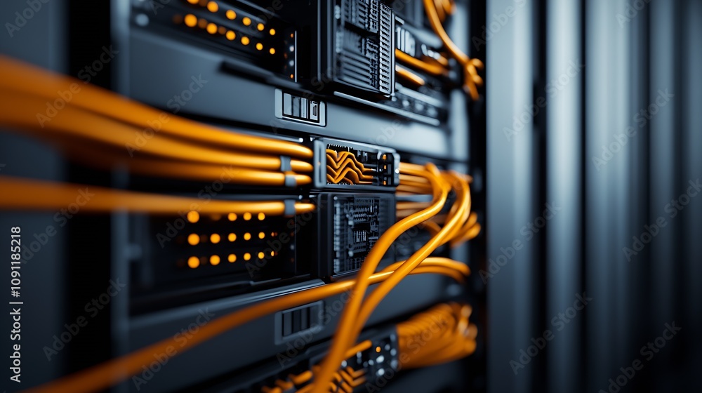 Poster Close-Up of Computer Server Network with Vibrant Orange Cables : Generative AI