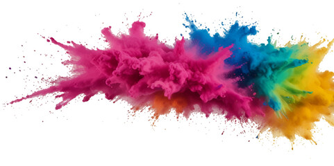 Multicolored rainbow explosion of cloud powder paint holi decoration isolated on transparent background. Vector abstract colorful rainbow holi paint festival background.