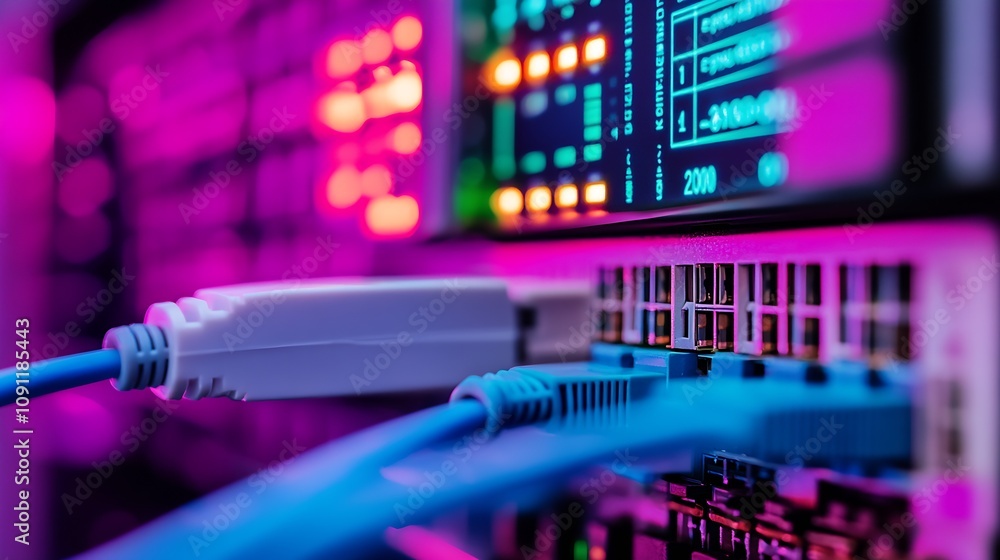 Poster Vibrant Network Switch Connections with Colored Cables in a Data Center : Generative AI