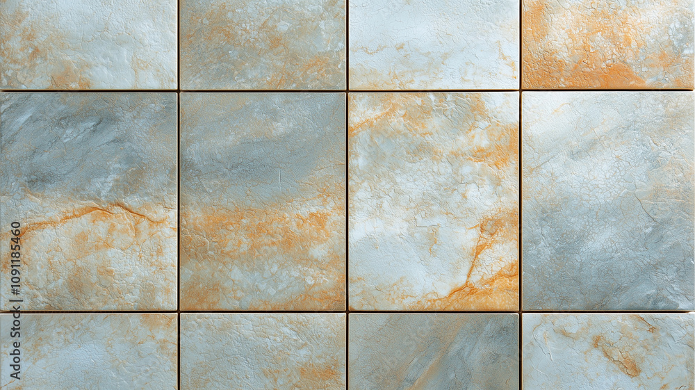 Poster top view of ceramic tiles with textured surface, featuring mix of gray and orange hues, creating nat