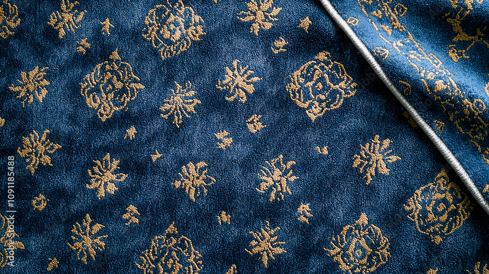 Aufkleber detailed view of blue carpet with intricate gold patterns, showcasing elegant design and texture. folded corner reveals carpet thickness and quality, adding depth to image