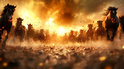 Fototapeta premium herd of wild horses gallops through dramatic landscape, creating powerful scene filled with energy and motion. fiery background enhances intensity of moment