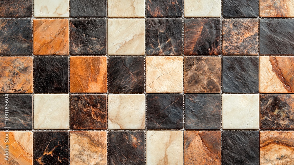 Aufkleber top view of checkerboard tile texture featuring mix of earthy tones and natural stone patterns, creating rustic and elegant appearance