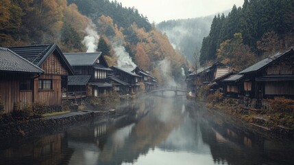 Fototapeta premium Serene Autumn Scene of Traditional Wooden Houses by Foggy River with Colorful Trees in Japan's Countryside, Capturing the Essence of Peaceful Rural Atmosphere