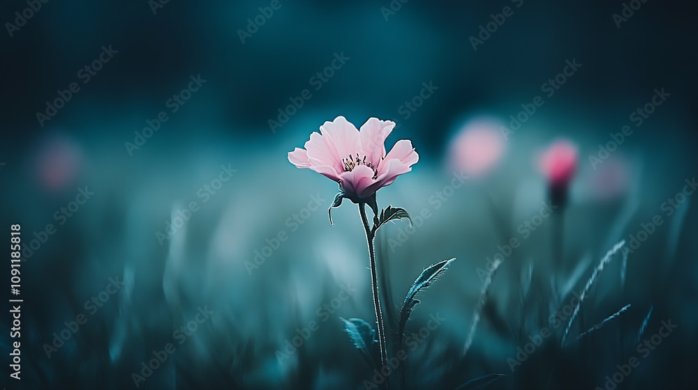 Poster serene pink flower in bloom captured against a soft blue background : generative ai