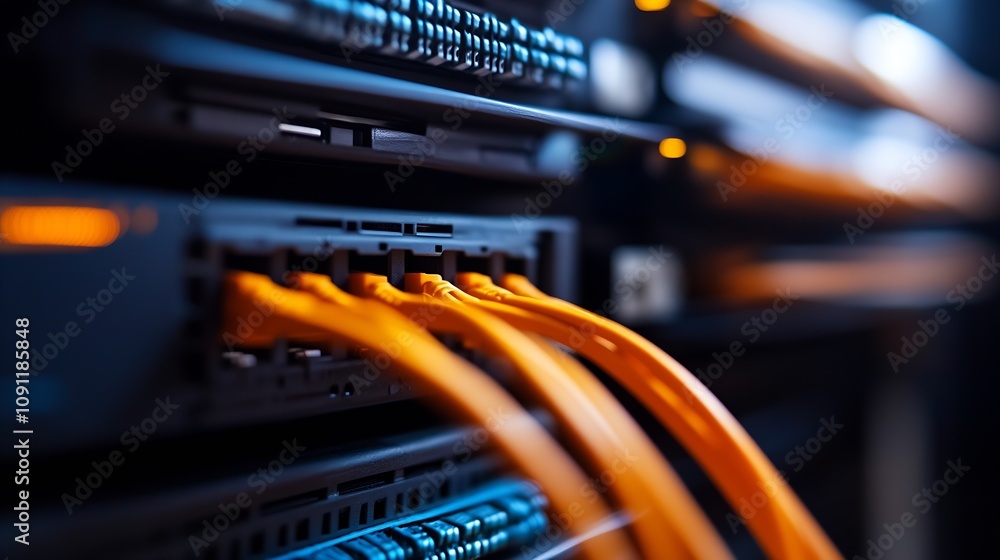 Leinwandbilder close up of network cables plugged into data center server with blue and orange lights : generative 