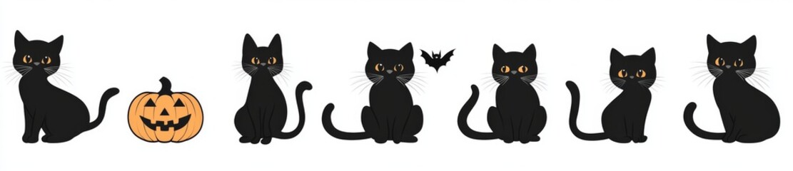 Obraz premium An isolated background with a collection of halloween black cats. Funny hand drawn witch cats.