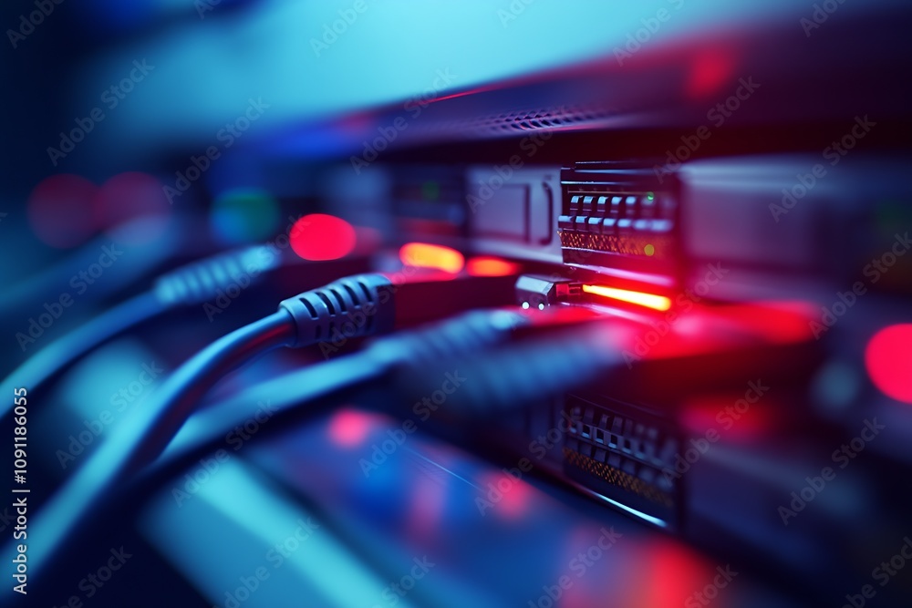 Poster Close-Up of Blinking Network Servers Cables with Red and Blue Lights in Data Center : Generative AI