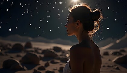 An elegant silhouette of a woman in space, floating weightlessly near a spaceship.