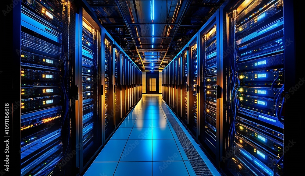Poster Modern Data Center Interior with Advanced Server Racks and Lighting : Generative AI