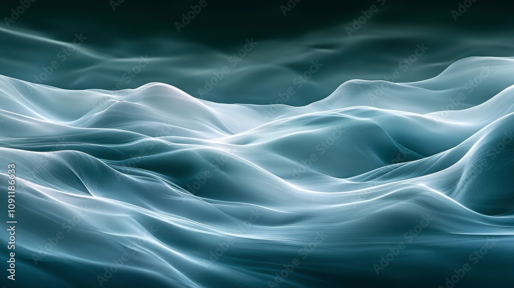 Poster ethereal waves of soft light in shades of blue and white creating a dreamlike atmosphere in a tranqu