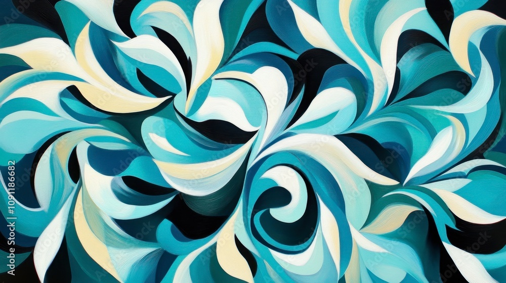Poster abstract swirling pattern in blue and white hues with elegant curves and shapes creating a dynamic v