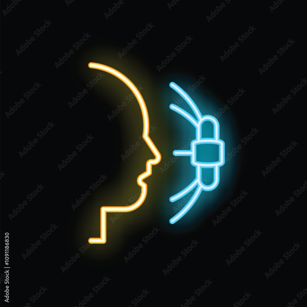 Poster neon glowing icon of a human head receiving digital data through a neural interface, symbolizing bra
