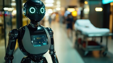 Fototapeta premium Humanoid ai robot nurse in emergency room with medical trolley