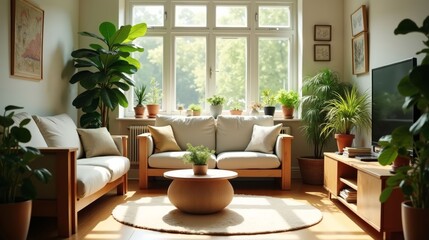 Fototapeta premium Modern Living Room with Recycled Wood Furniture and Green Plants