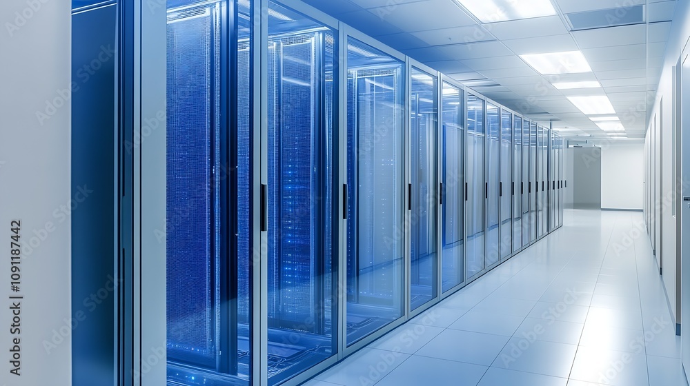 Fototapete Modern Data Center with Rows of Energy-Efficient Server Racks and High-Tech Cooling Systems : Generative AI