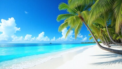 Fototapeta premium Tropical beach scene with turquoise ocean and palm trees