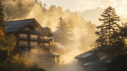 Fototapeta premium Serene Mountain Retreat Surrounded by Misty Forest and Golden Sunrise Light, Evoking Tranquility and Peace in Nature's Embrace
