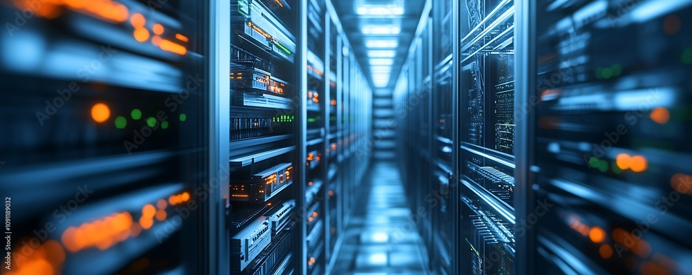 Poster Data Center Server Room with Rows of Glowing Blue Rack Servers for Digital Cloud Computing : Generative AI