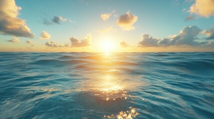Naklejka premium A breathtaking sunset over the vast ocean with a golden sky and clouds.