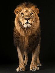 Fototapeta premium An African lion against a black background depicts a huge and beautiful male