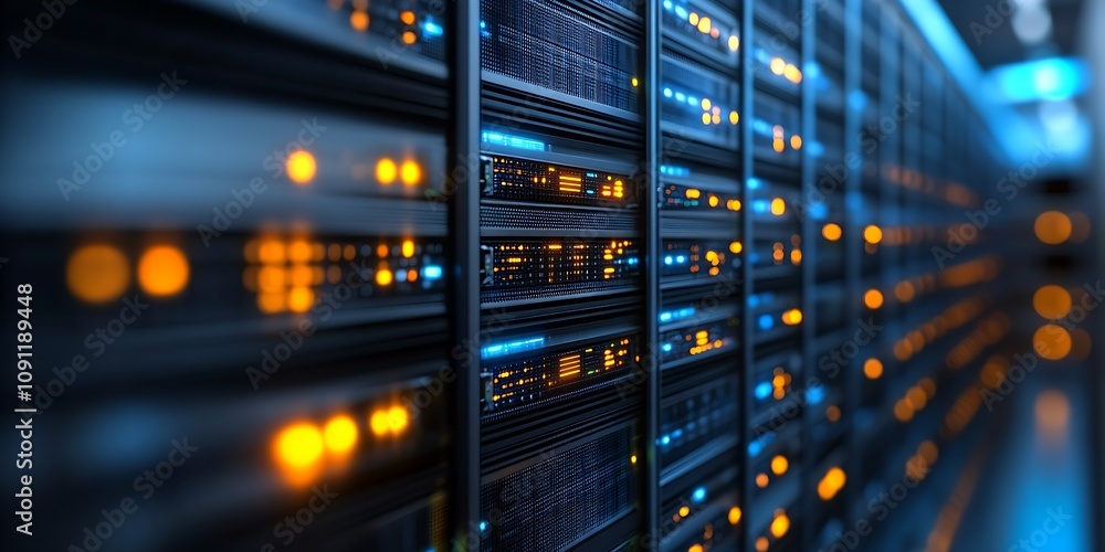 Fototapete Advanced Technology in Data Center with Bright LED Illuminations and Server Rows : Generative AI