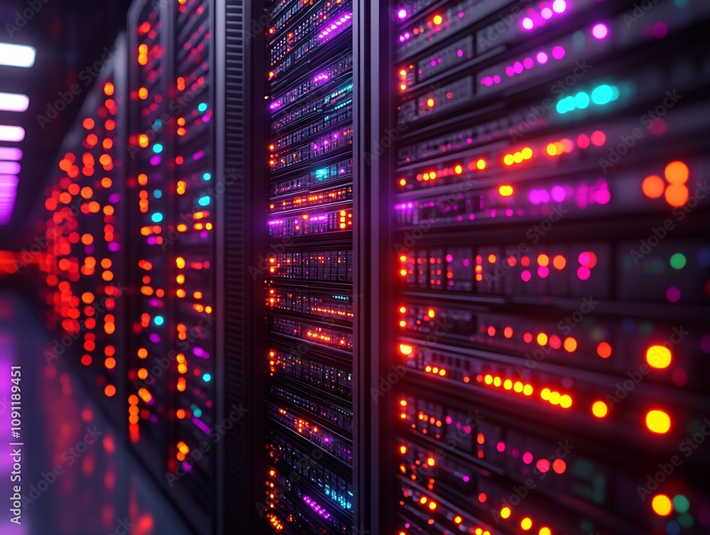 Poster advanced server room showcasing cutting-edge technology and dynamic lighting effects : generative ai