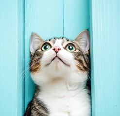 Seeing a wide-open set of eyes, a gray cat looks up with fear and surprise