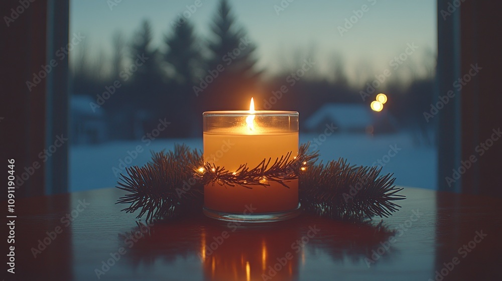 Poster a burning candle on a table with pine branches in front of a window with a snowy winter scene.