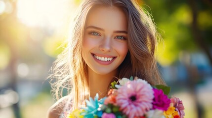 Naklejka premium Portrait of a beautiful woman holding a colorful bouquet generative ai