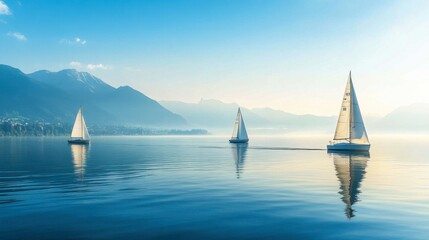 Naklejka premium Tranquil Sailing Scene with White Sails Gliding on Calm Lake Surrounded by Majestic Mountains and Clear Blue Skies in Soft Natural Light