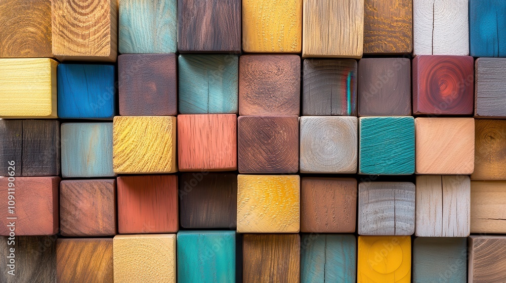 Poster a stunning array of colorful wooden cubes displaying various patterns and textures ideal for artisti
