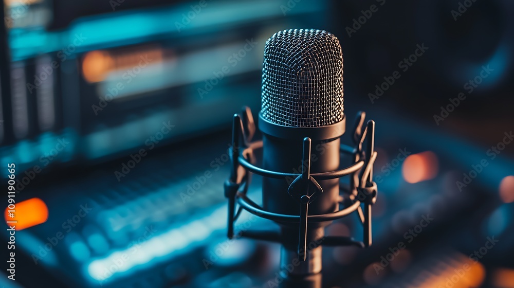 Poster modern podcast recording studio with high-tech microphone and digital equipment : generative ai