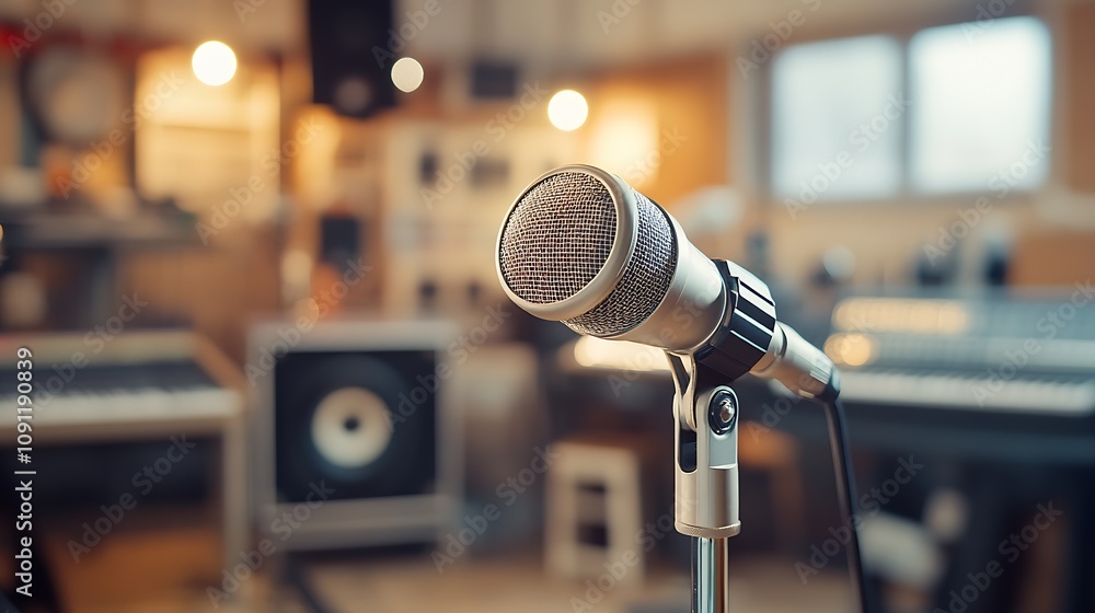 Poster vintage style microphone in a creatively organized music studio with sound equipment and instruments