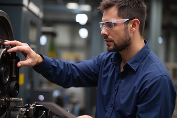 Fototapeta premium Male engineer working on machinery in workshop setting
