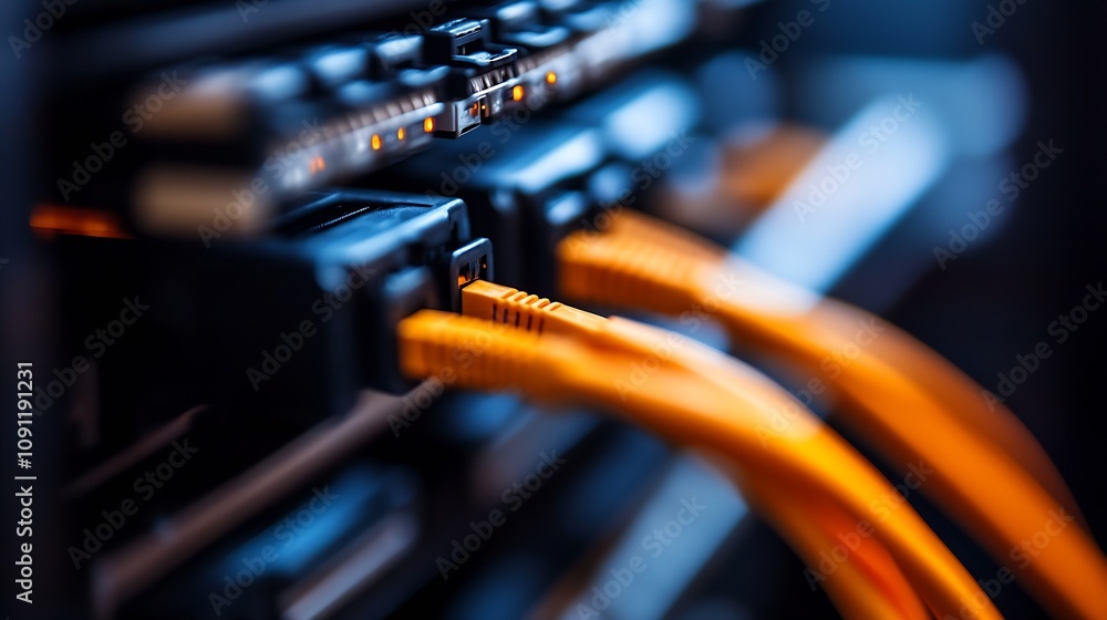 Fototapete Orange Ethernet Cables Inserted in Data Server Panel in Modern IT Infrastructure Setup : Generative AI