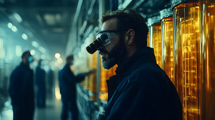 Fototapeta premium A Focused Scientist Examining Transparent Vials in a Modern Laboratory Environment, Highlighting the Intersection of Science and Technology for Innovative Research