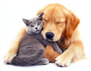 Fototapeta premium Dog with golden retriever puppy hugging british cat. Solitary scene on white background