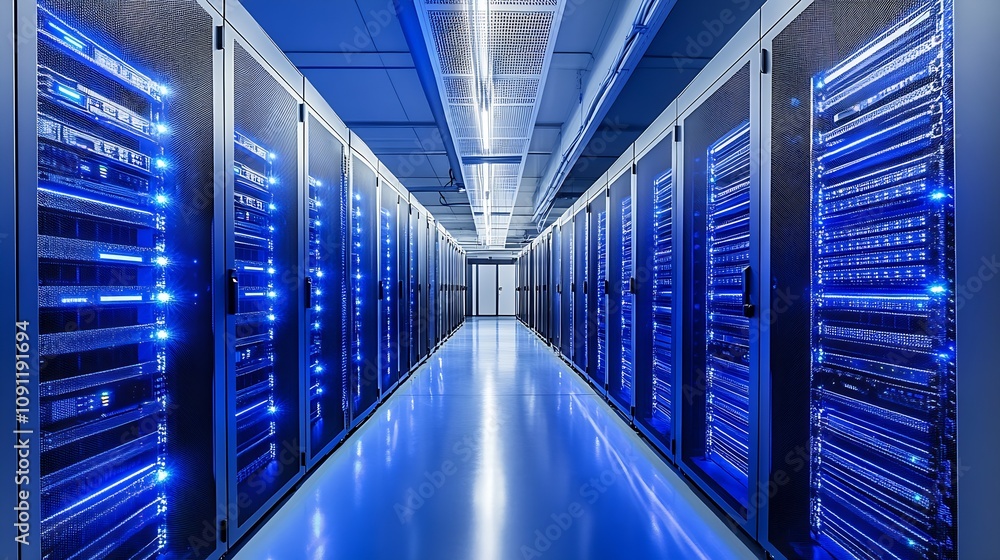 Fototapete High-Performance Data Center with Blue Hue in Modern Networking Environment : Generative AI