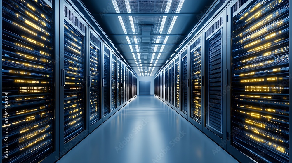 Poster Futuristic Data Center Corridor with Blue Illuminated Server Towers : Generative AI