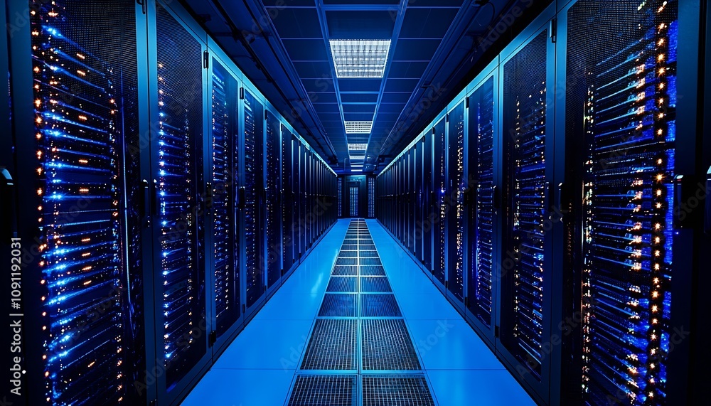 Fototapete modern digital data center hallway with illuminated racks and cyber security focus : generative ai