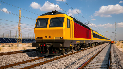 Fototapeta premium vibrant yellow and red train at solar train depot, showcasing innovation and sustainability